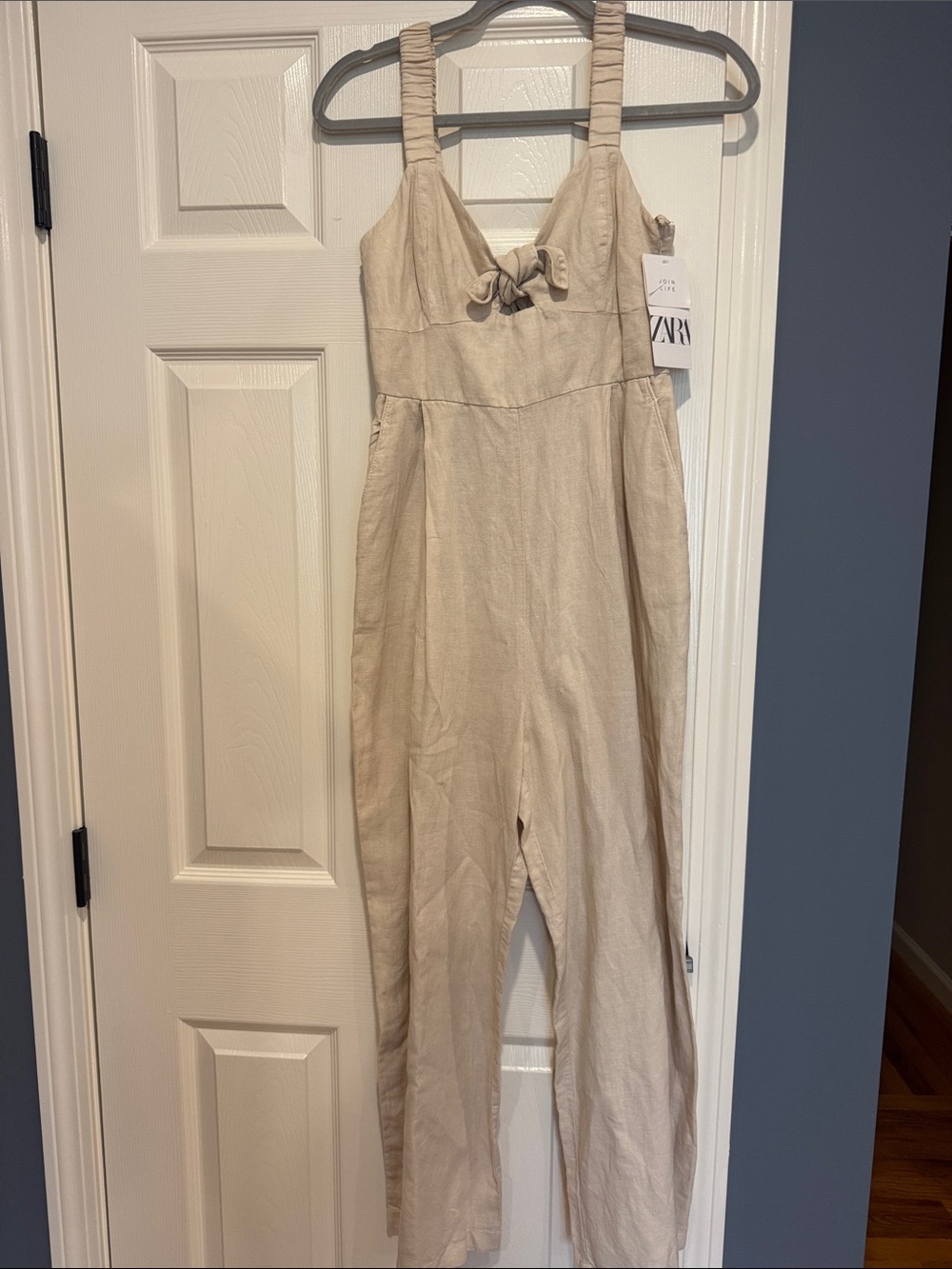Zara Beige Tie-Front Linen-Blend Jumpsuit